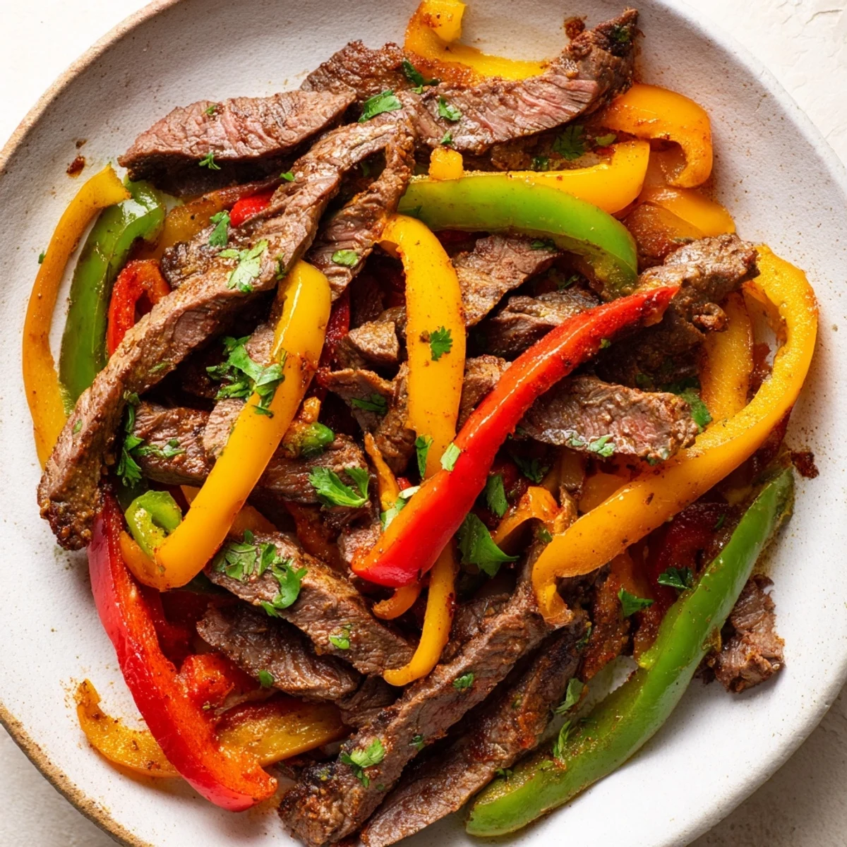 Freshly seared Beef Fajita Skillet with tender beef, vibrant peppers, and onions in a hot pan.