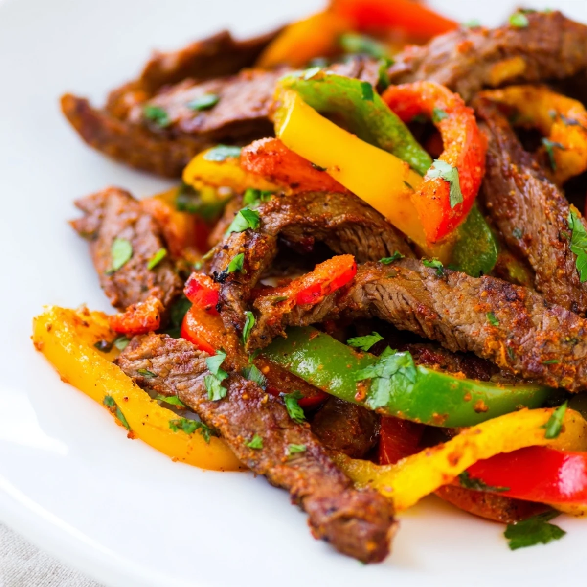 Overhead view of Beef Fajita Skillet with colorful sautéed vegetables and juicy beef strips ready to eat.