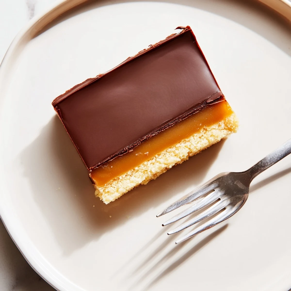 A single hand lifting a Chocolate Bars with Caramel treat, showing the smooth caramel stretching between the layers.