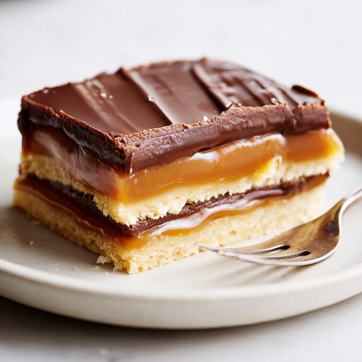 Golden-brown shortbread base topped with thick, glossy caramel and a dark chocolate layer for Chocolate Bars with Caramel.