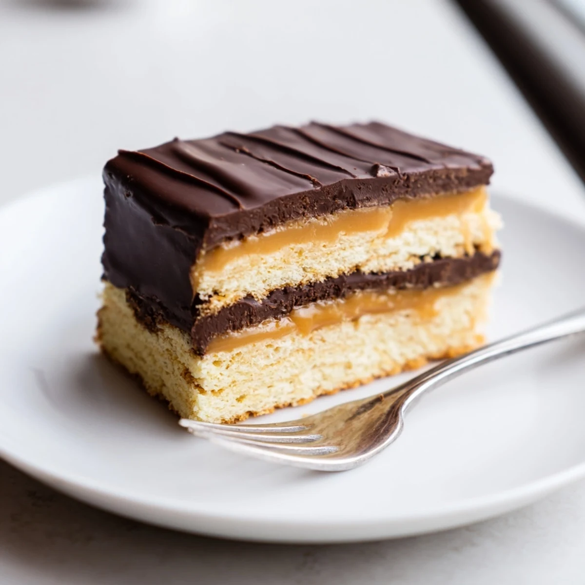 Chocolate Bars with Caramel arranged on a white plate next to a steaming cup of black coffee.