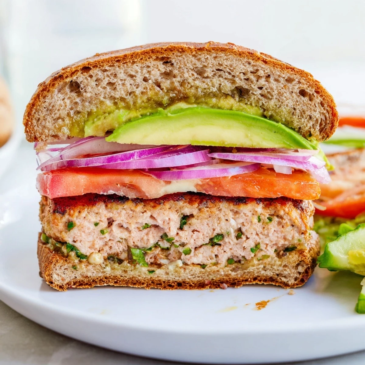 Freshly grilled turkey burger with avocado slices, crisp lettuce, and ripe tomato on a toasted bun, ready to serve.