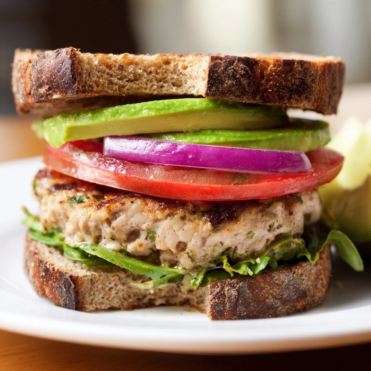 A plated Turkey Burger with Avocado featuring creamy avocado, red onion, and fresh toppings on a golden toasted bun.
