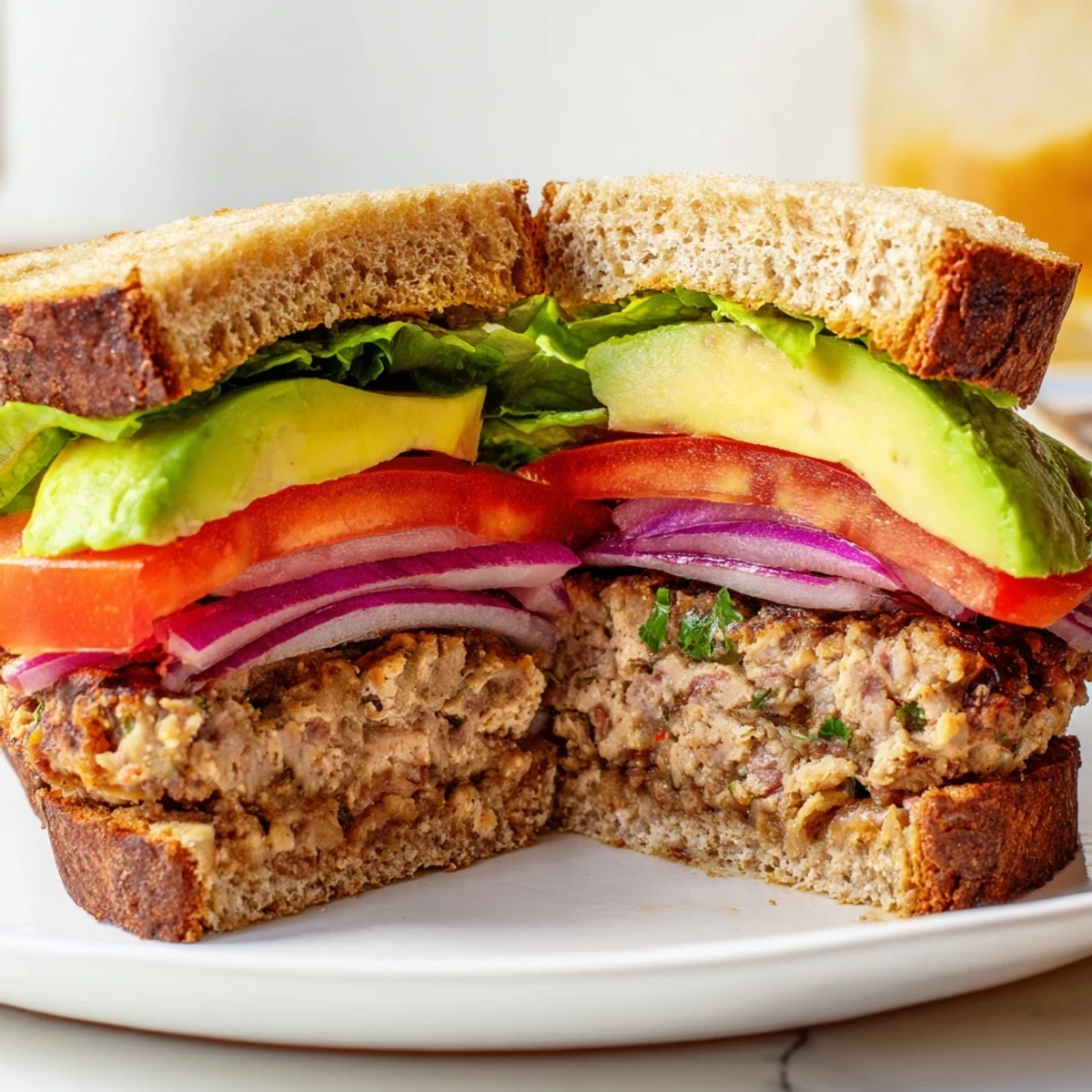 Turkey Burger with Avocado, stacked high with juicy patty and vibrant fixings, served beside a side of sweet potato fries.