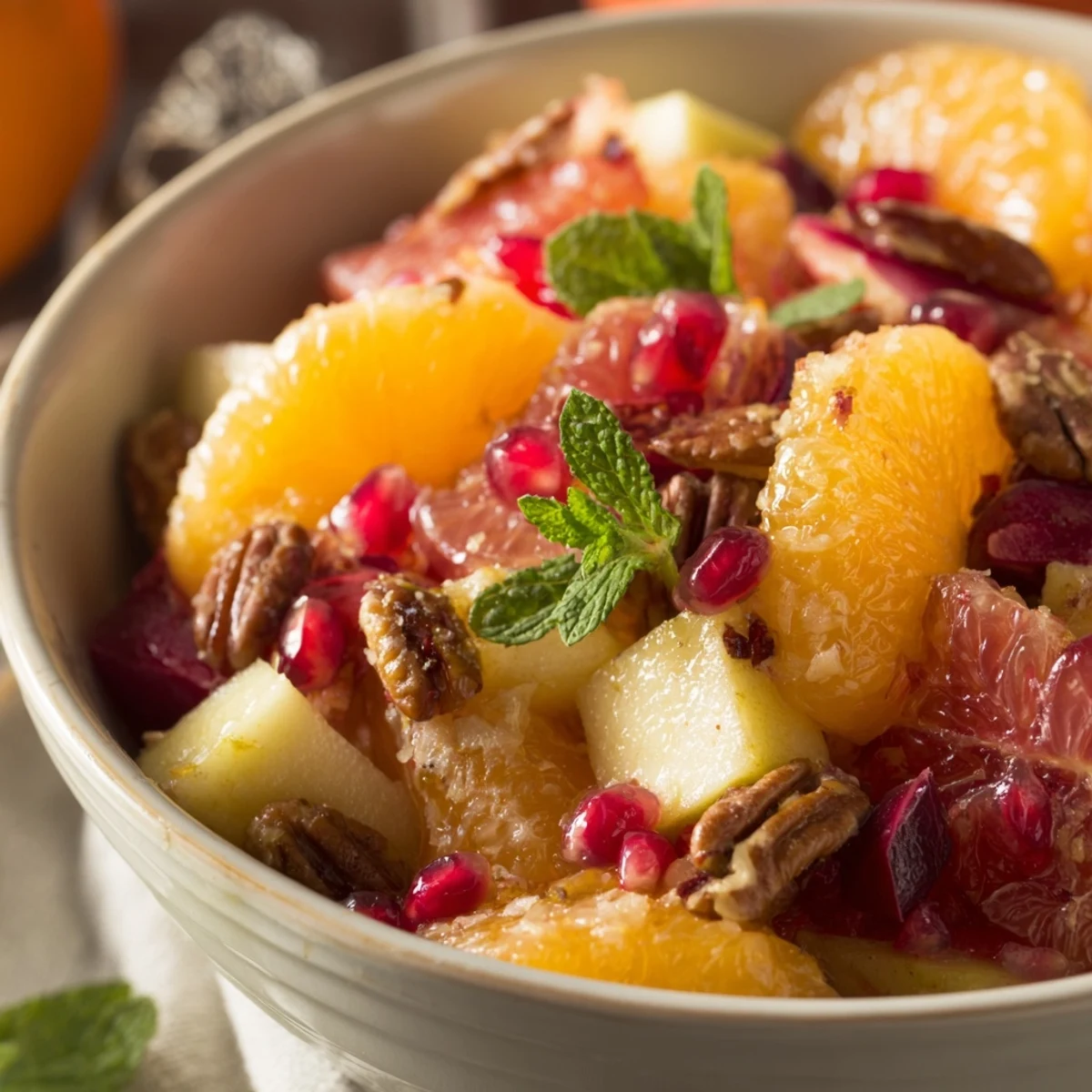 A large bowl of Winter Fruit Salad with crisp apples, juicy oranges, and chopped walnuts, served chilled.