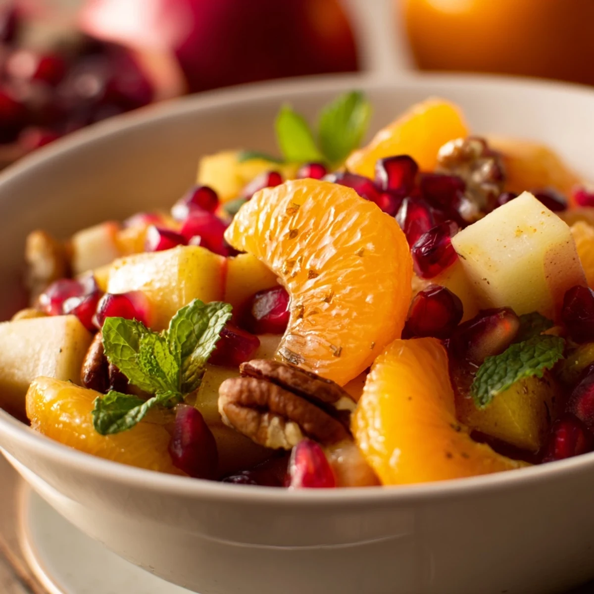 Winter Fruit Salad with grapefruit and pear slices, drizzled with honey-cinnamon dressing and garnished with mint.
