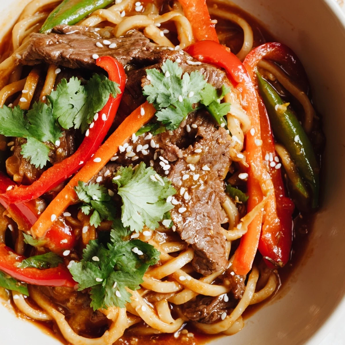 Close-up of Spicy Beef Noodles showing tender beef strips, crisp snap peas, and red peppers in a glossy, savory sauce. 