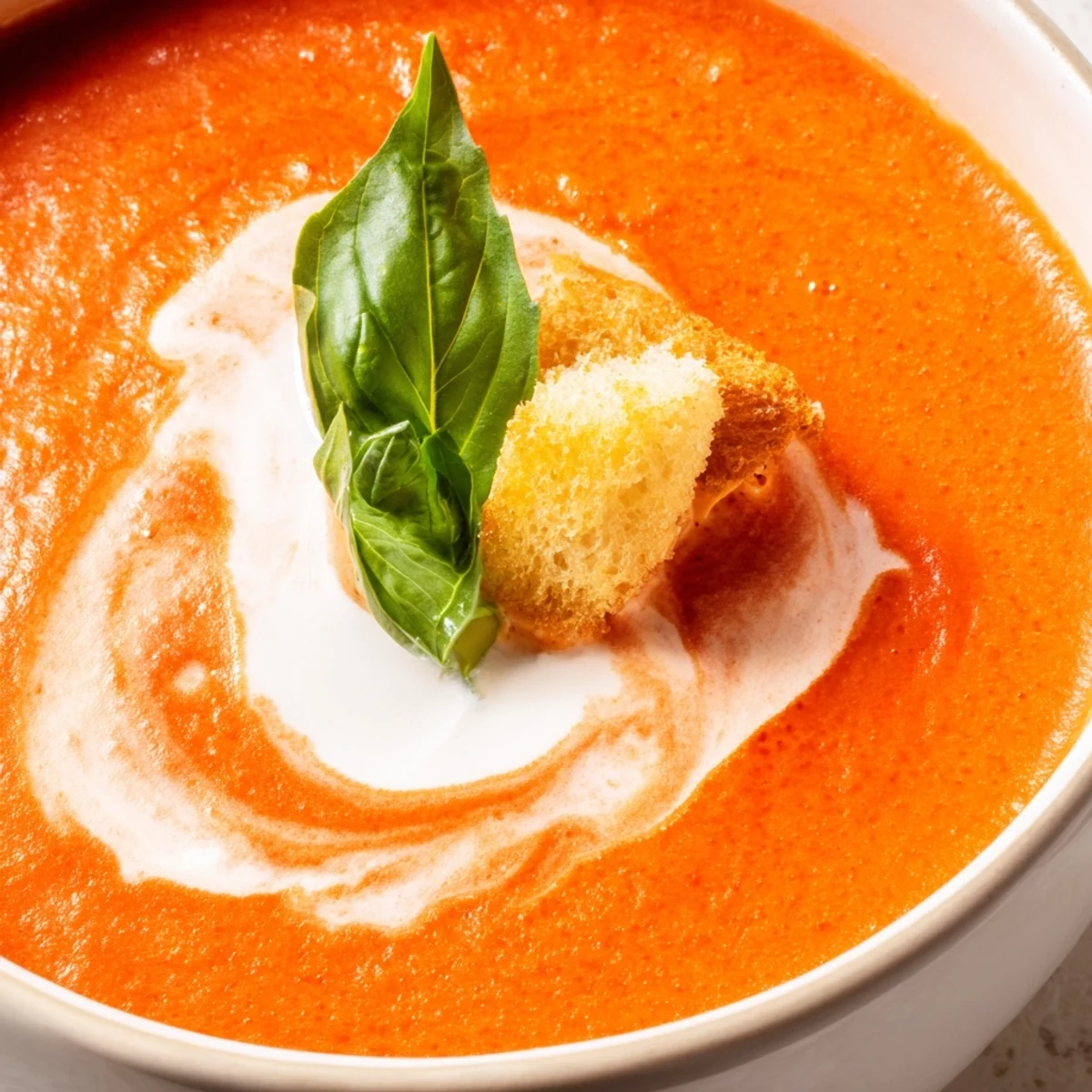 Creamy Tomato Bisque in a rustic bowl, garnished with fresh basil and a swirl of cream.