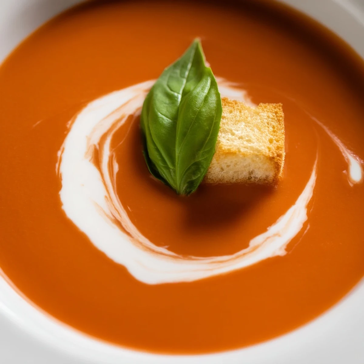 Vibrant red Creamy Tomato Bisque topped with croutons and herbs, ready to enjoy.