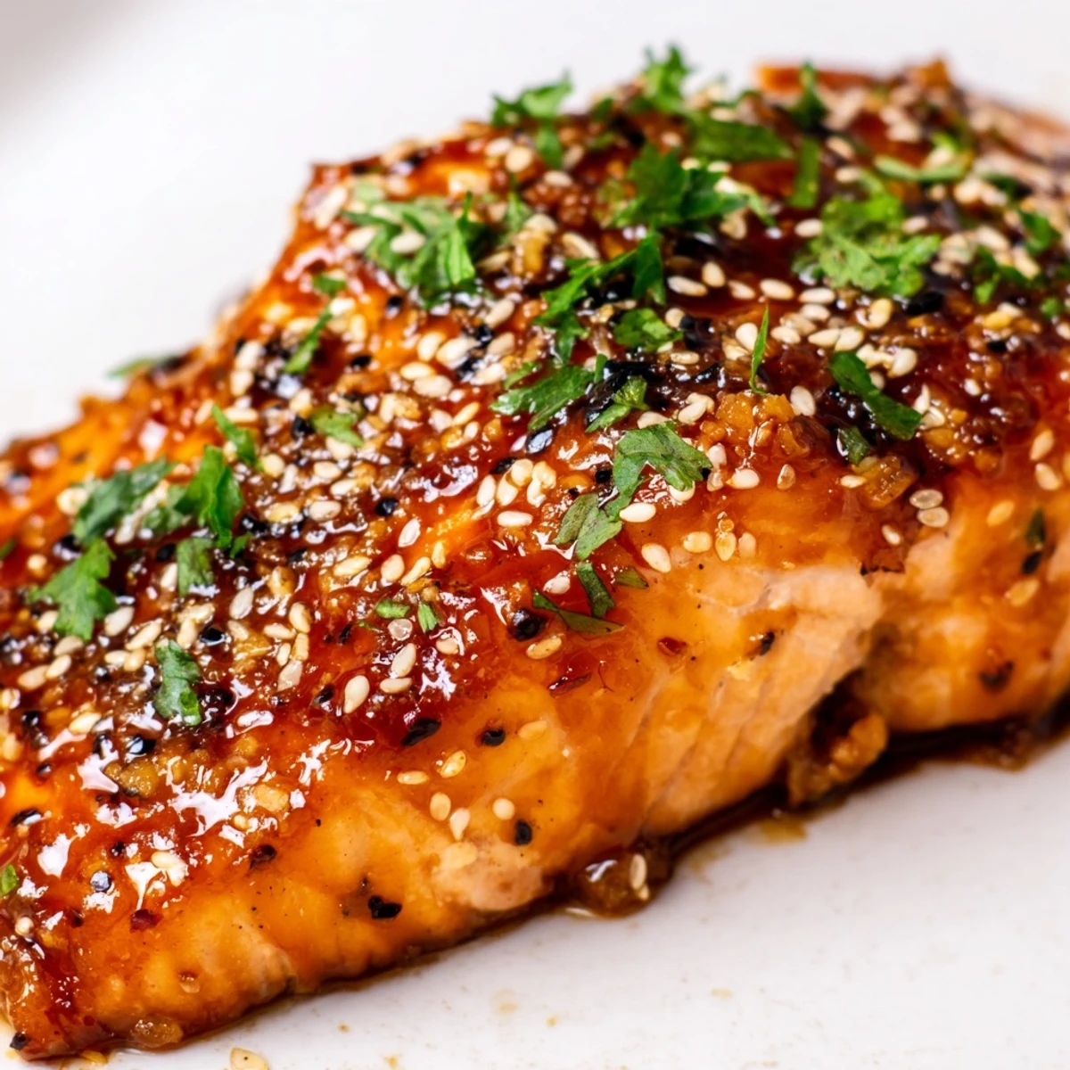 Moist and tender Baked Salmon with Honey Garlic Glaze sitting beside fluffy rice and roasted asparagus.