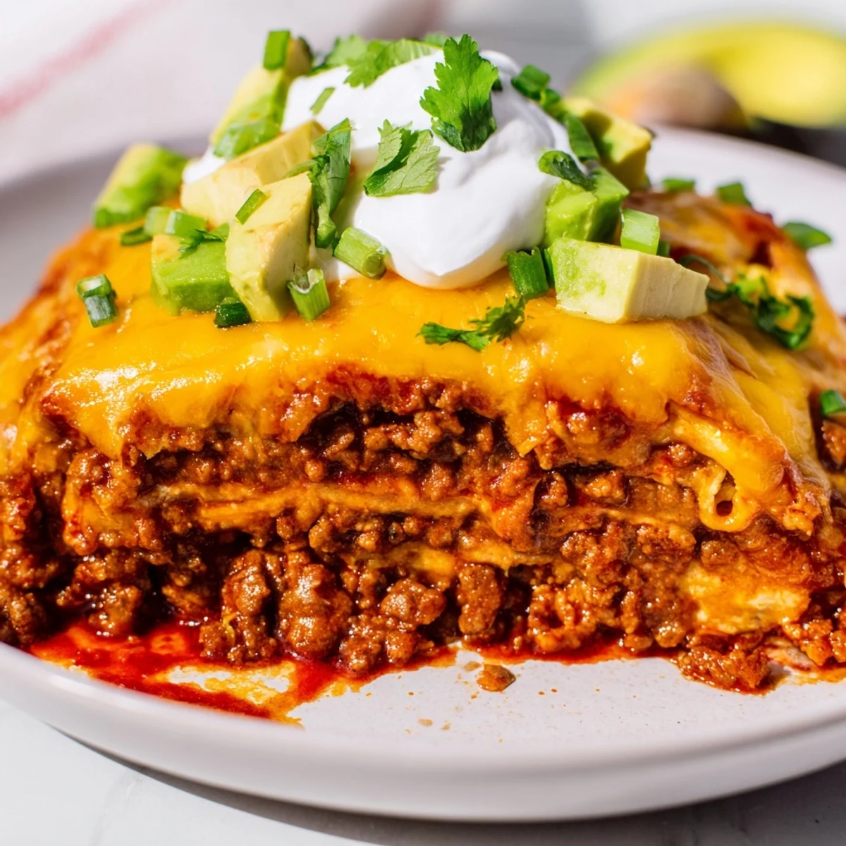 Bubbling Beef Enchilada Casserole fresh from the oven, topped with melted cheese and fresh cilantro.