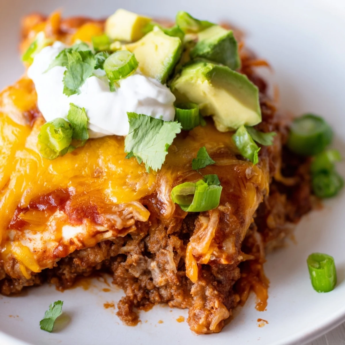 Golden, cheesy layers of Beef Enchilada Casserole are served in a scoop with creamy sour cream.