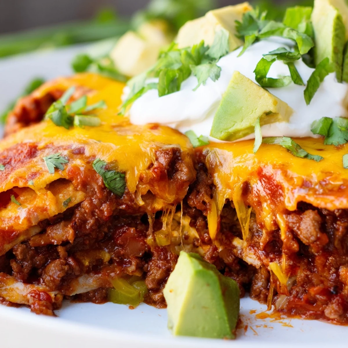 Hearty slices of Beef Enchilada Casserole show seasoned beef and tortillas on a warm dinner plate.