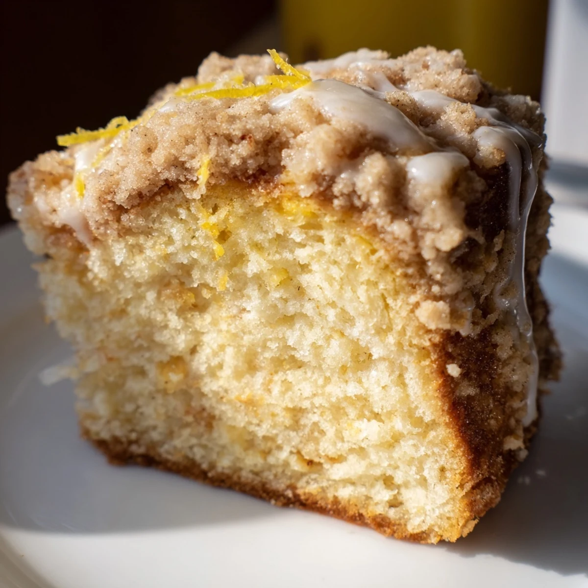 A slice of moist Lemon Coffee Cake with Crumble reveals tender crumb and buttery topping, plated beside a hot cup of coffee.