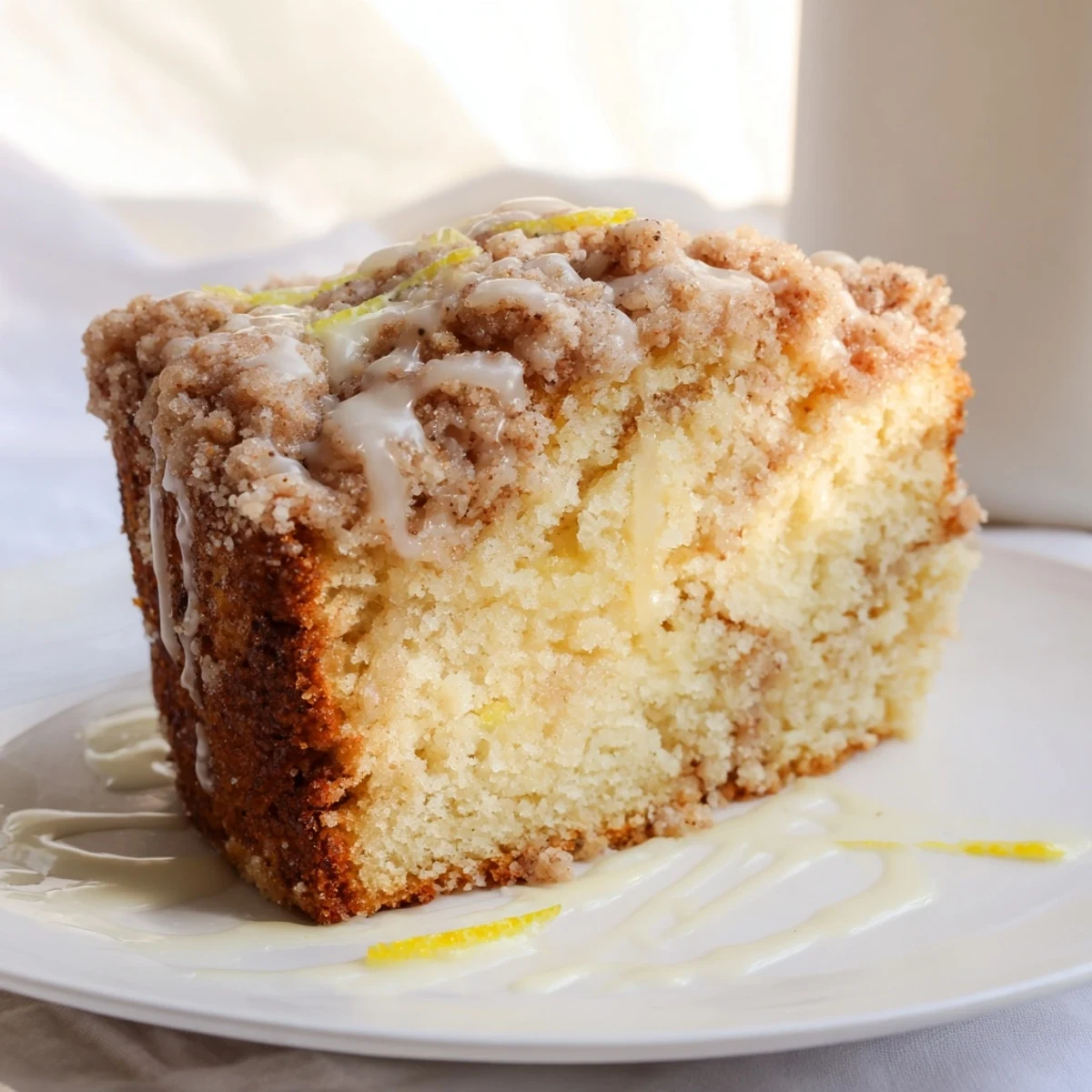 Freshly baked Lemon Coffee Cake with Crumble sits on a cooling rack with vibrant lemon zest and a sweet glaze drizzle.