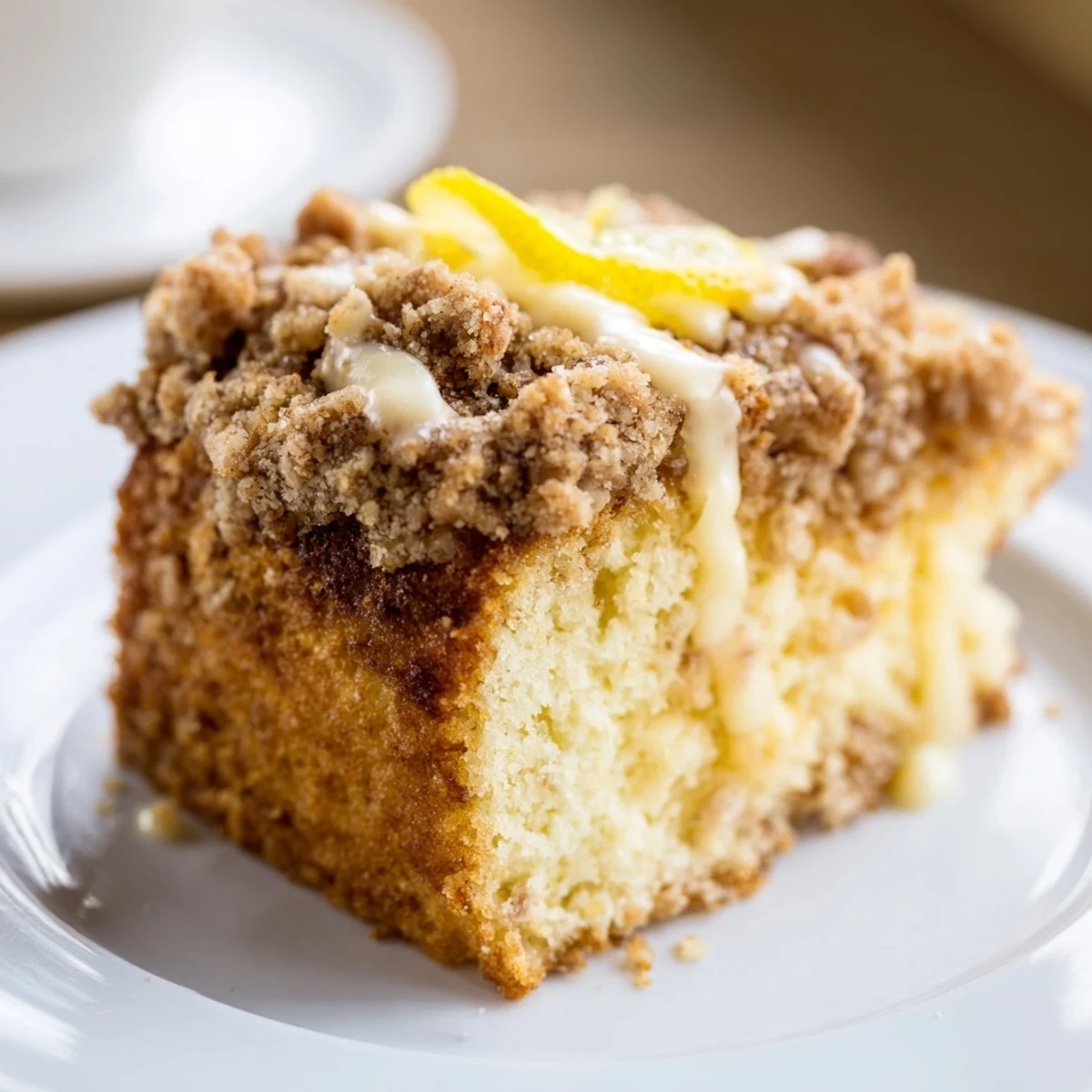 Homemade Lemon Coffee Cake with Crumble features golden crust, lemony glaze, and crumble topping, perfect for a brunch spread.