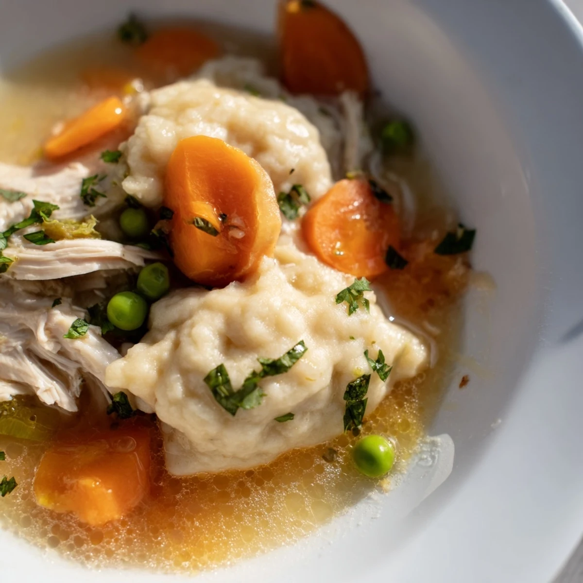 Tender shredded chicken, diced carrots, and fluffy dumplings floating in a rich, savory broth.