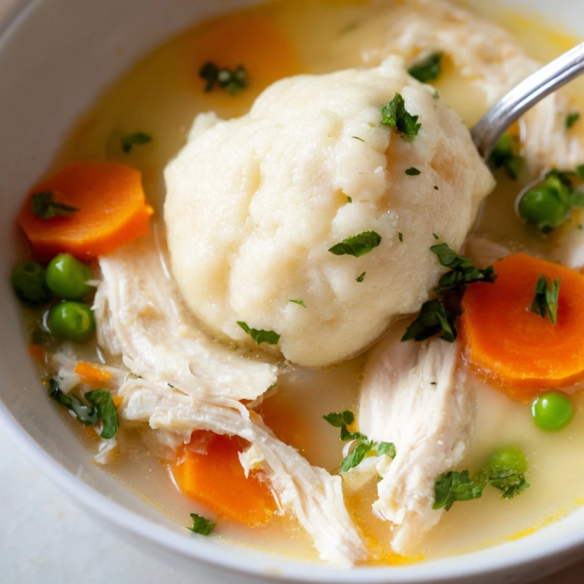 Close-up of fluffy dumplings simmering in Chicken Soup with Dumplings, served steaming hot in a rustic bowl.