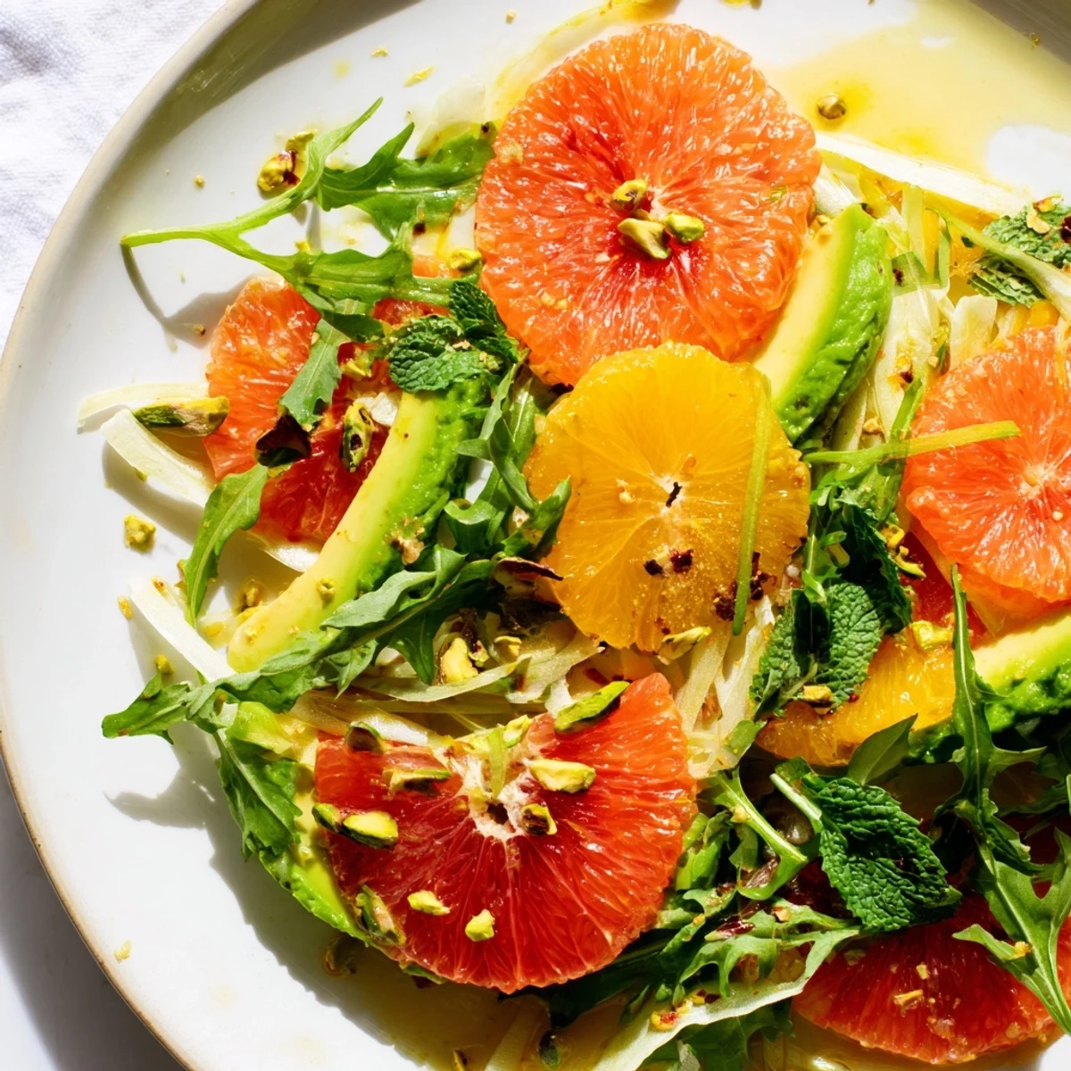 Bright Winter Citrus Salad with Fennel and Avocado on a platter with vibrant orange slices and creamy avocado chunks.