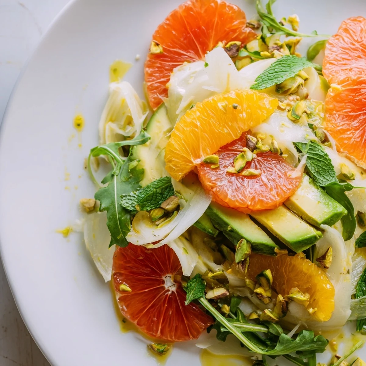 Sliced Winter Citrus Salad with Fennel and Avocado topped with pistachios, served next to a glass of white wine.