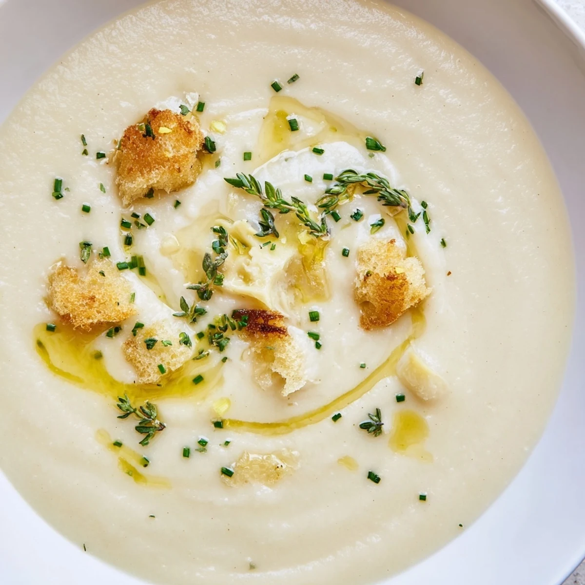 Creamy Roasted Jerusalem Artichoke Soup ladled into a white bowl, garnished with chives and a drizzle of olive oil for a cozy vegetarian lunch.