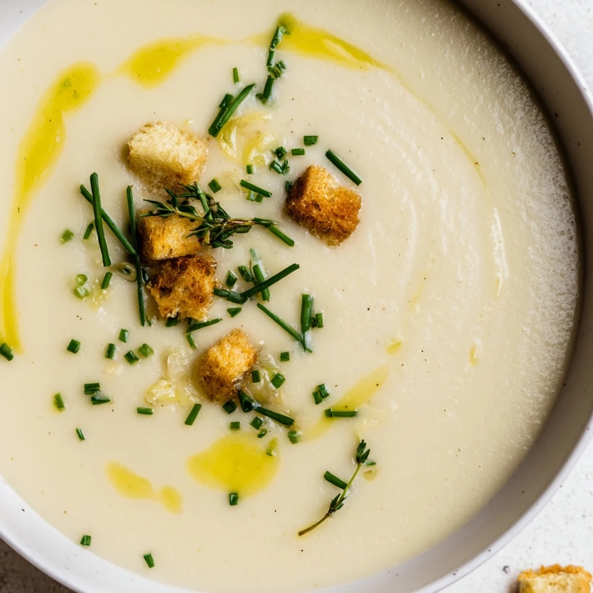 Finished Creamy Roasted Jerusalem Artichoke Soup served with a gluten-free crouton garnish, showcasing its velvety smooth texture and rustic, earthy presentation.