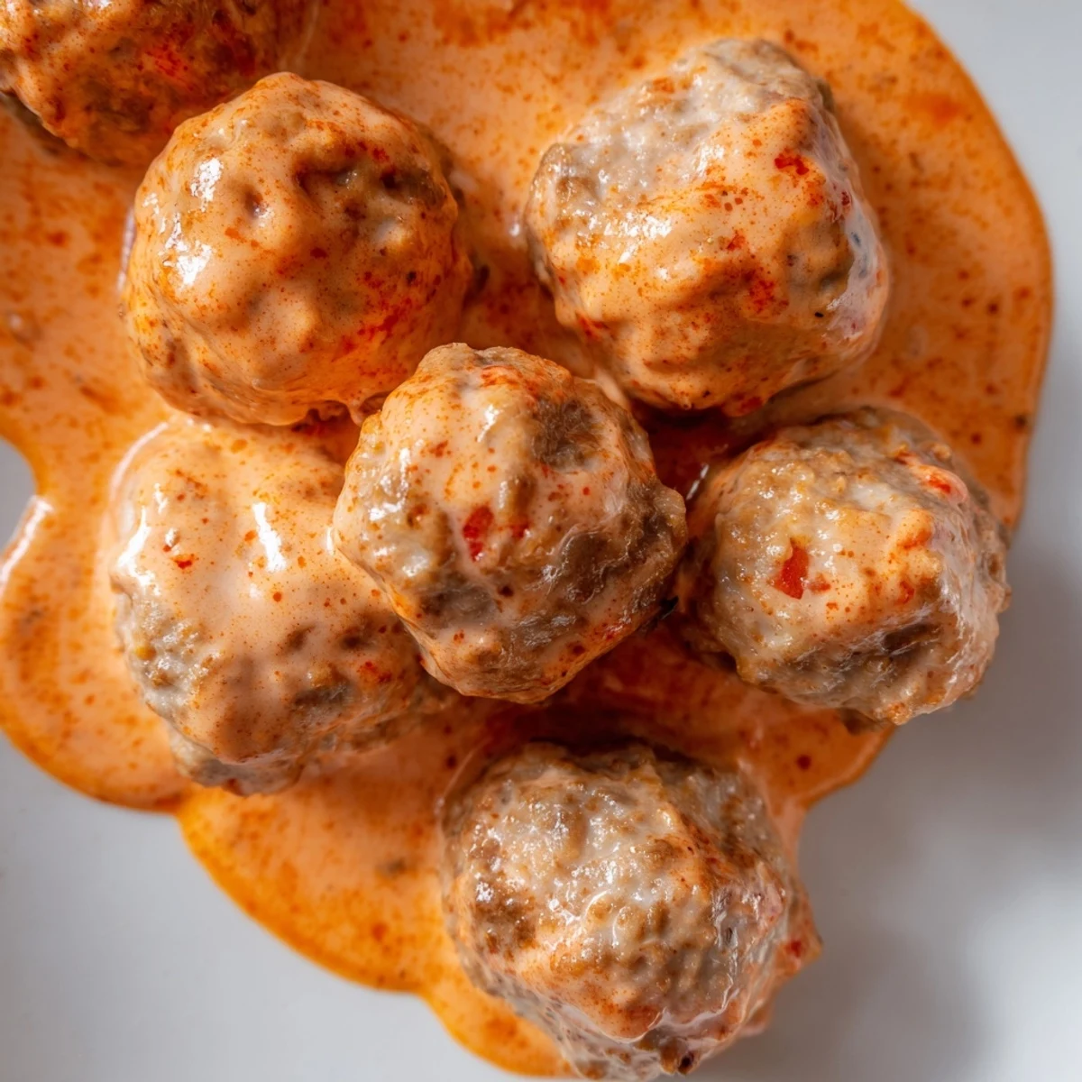 Close-up of juicy turkey meatballs coated in creamy roasted red pepper sauce, garnished with chopped parsley for a fresh finish.