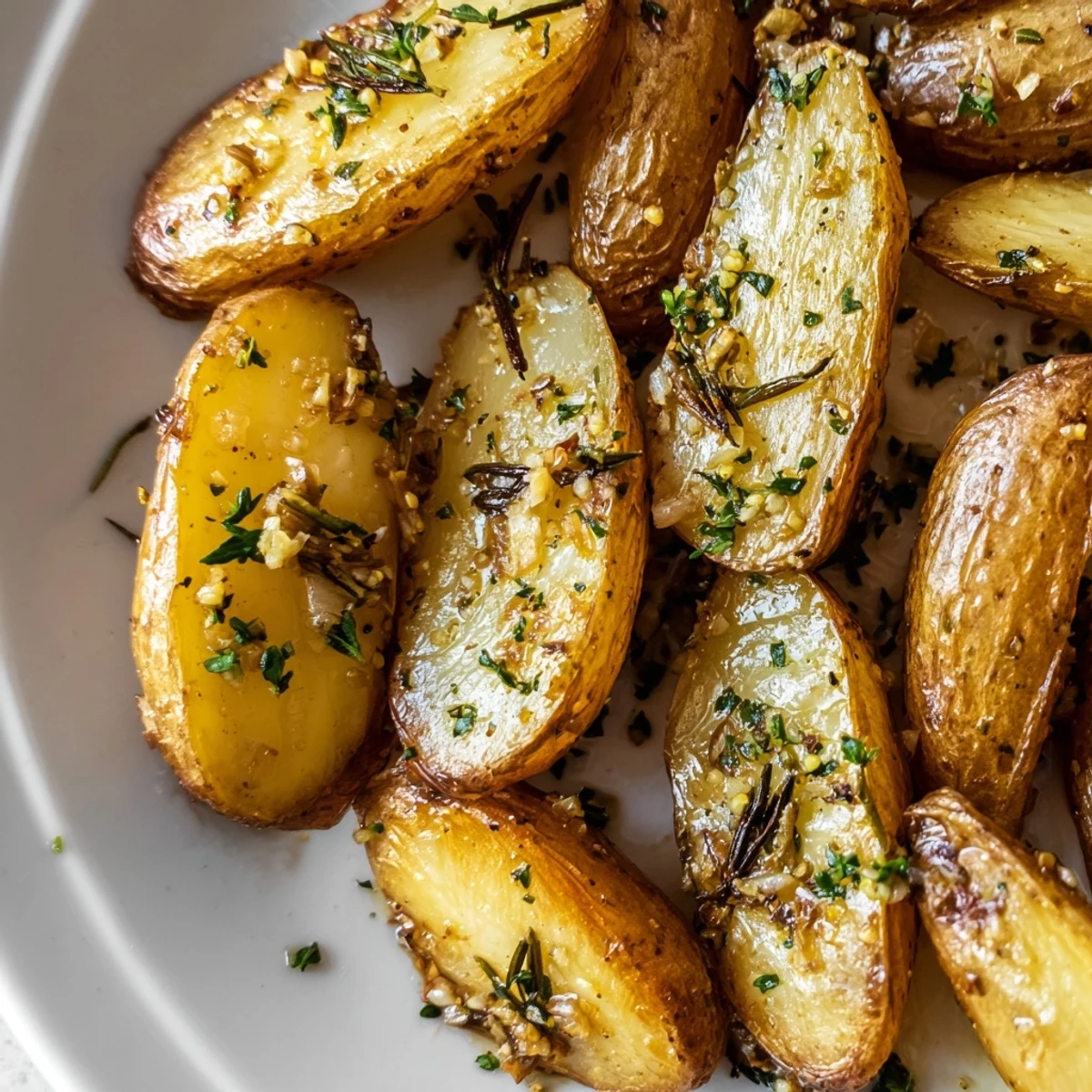 Golden Garlic Herb Roasted Fingerling Potatoes served warm on a rustic plate.