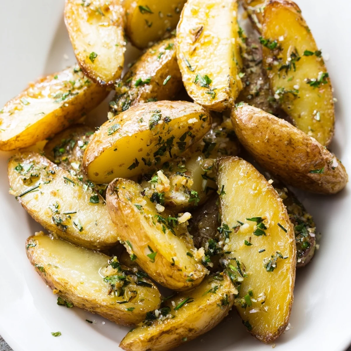 Freshly roasted fingerling potatoes with garlic and herbs on a baking sheet.