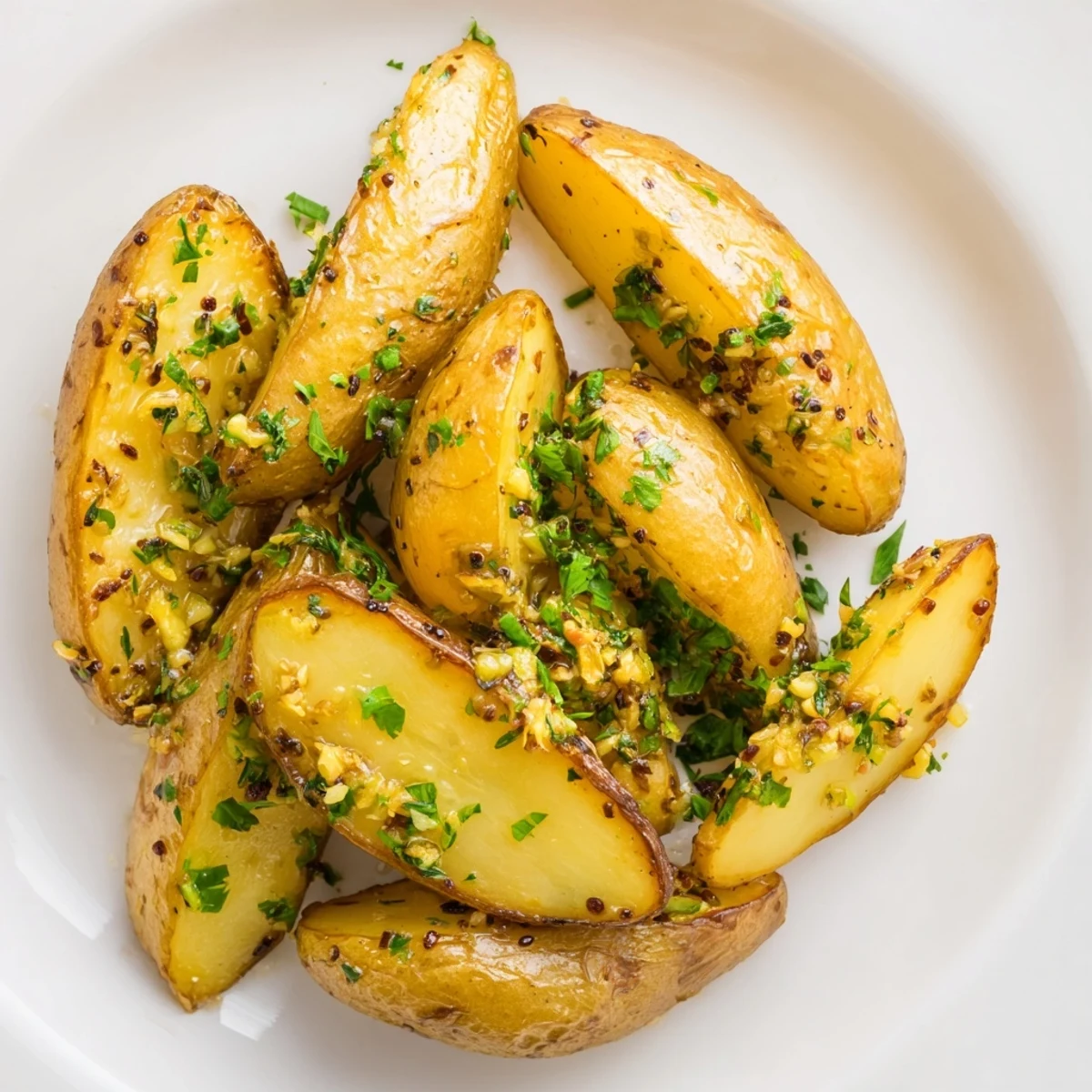 Crispy Garlic Herb Roasted Fingerling Potatoes alongside grilled chicken for dinner.