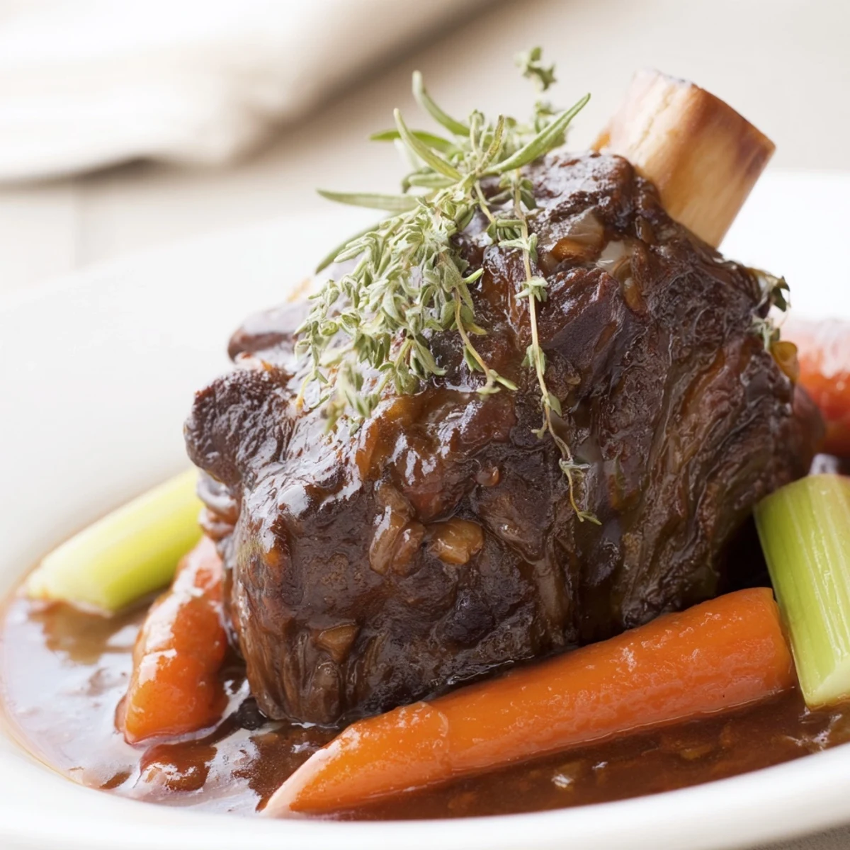 Golden-braised Slow Cooked Beef Shank with Rosemary and Thyme alongside carrots and celery in a Dutch oven.