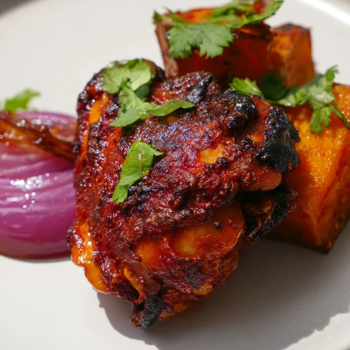 Cilantro garnish and fresh lemon wedges add zesty color to this flavorful, dairy-free Sheet Pan Harissa Chicken with Sweet Potatoes.