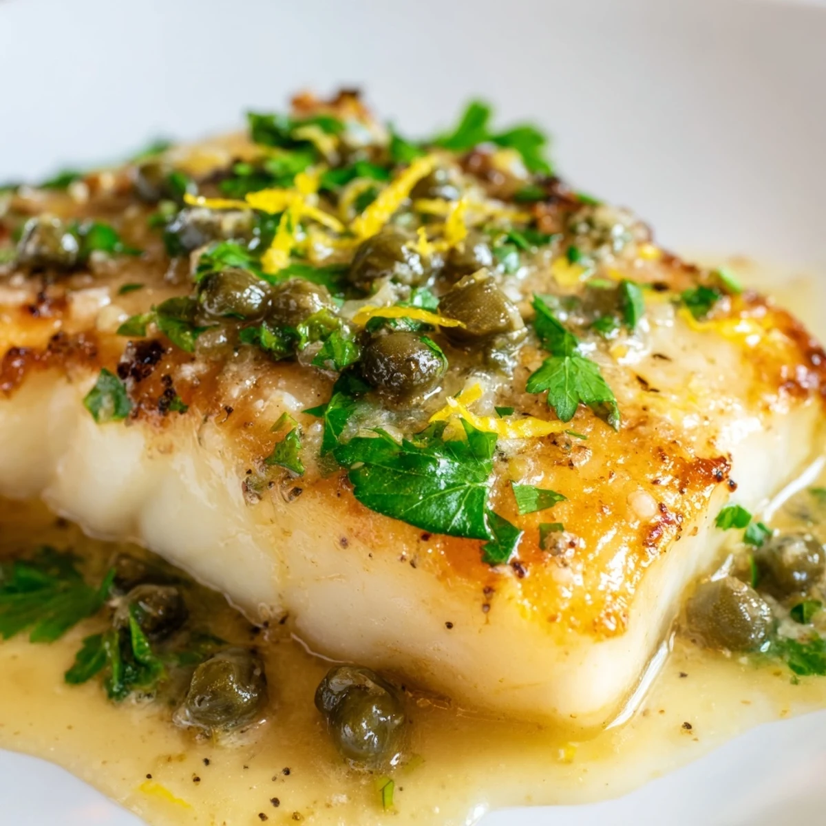 Golden, crispy skin on pan-seared sea bass fillets glistening with bright lemon caper sauce.