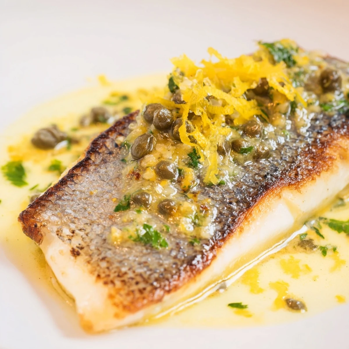 Pan Seared Sea Bass fillets with golden skin, topped with tangy lemon caper sauce.