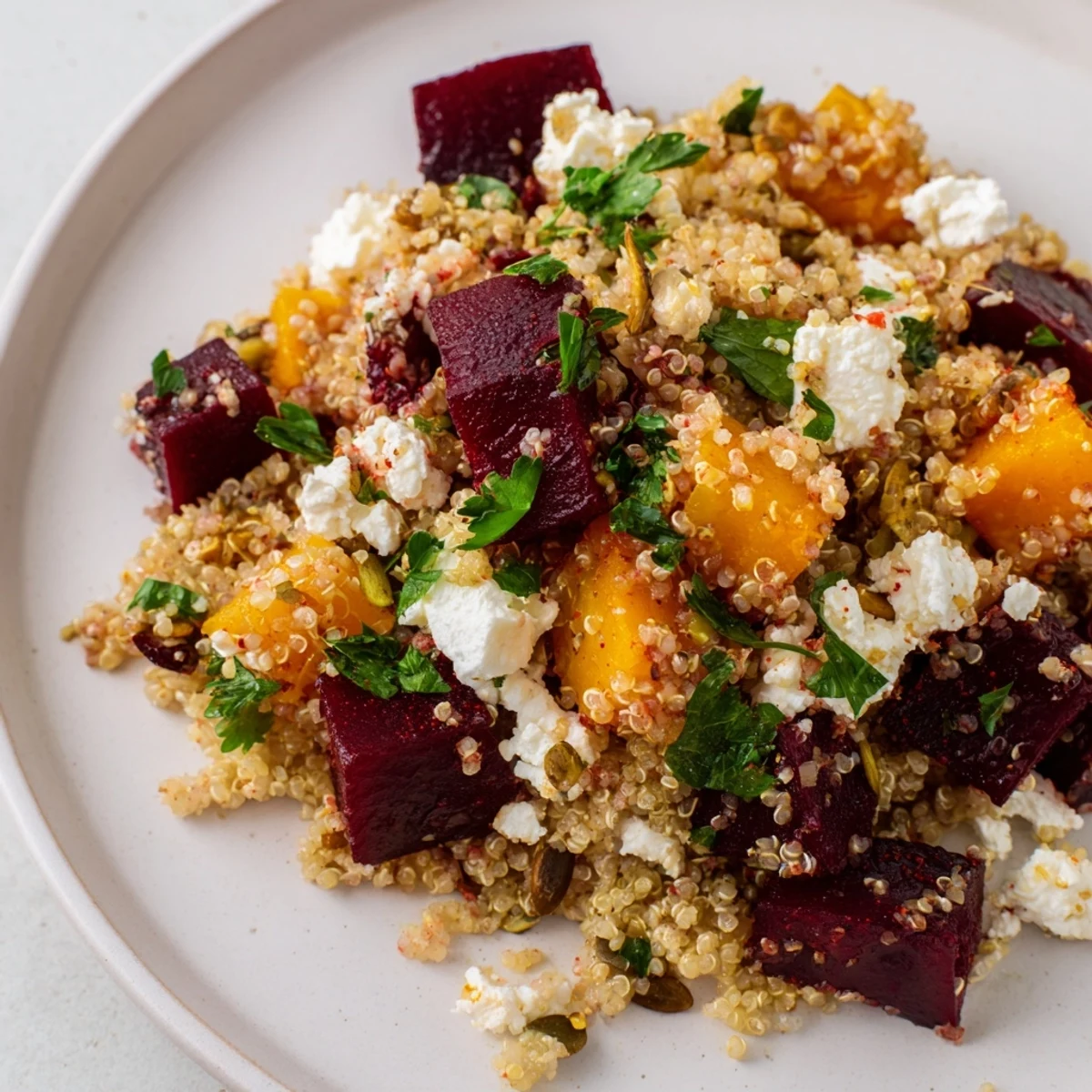 Warm Spiced Quinoa Salad with Roasted Beets garnished with feta and pumpkin seeds in a white bowl.