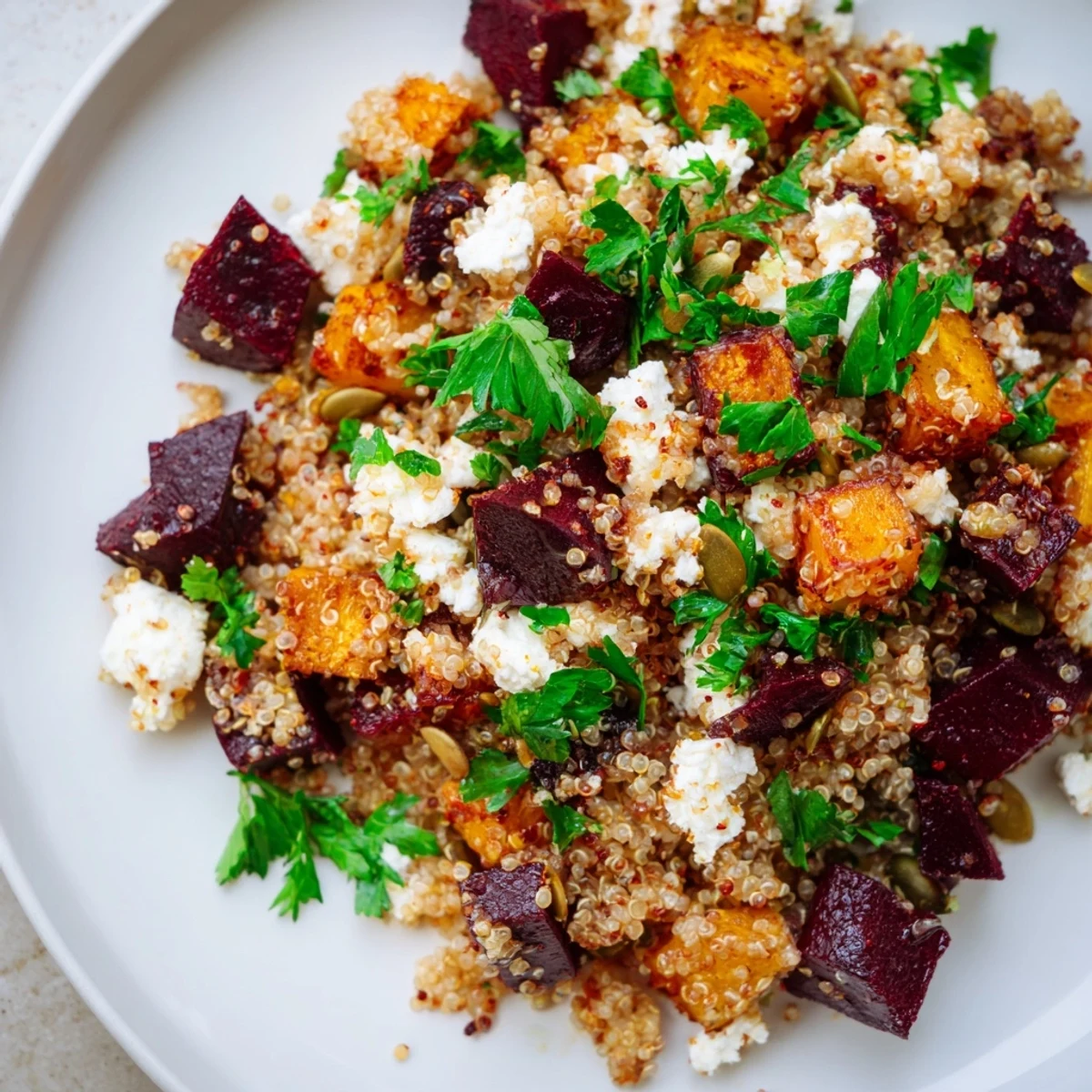 A serving of Warm Spiced Quinoa Salad with Roasted Beets ready to eat, topped with chopped parsley and seeds.