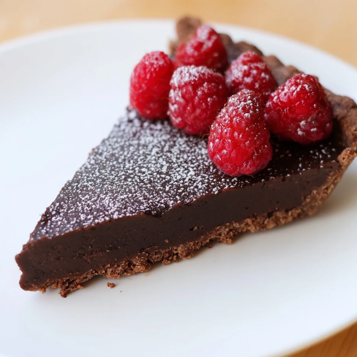 A slice of Decadent Dark Chocolate Tart with Raspberries shows a velvety chocolate filling and crisp crust, topped with fresh berries.