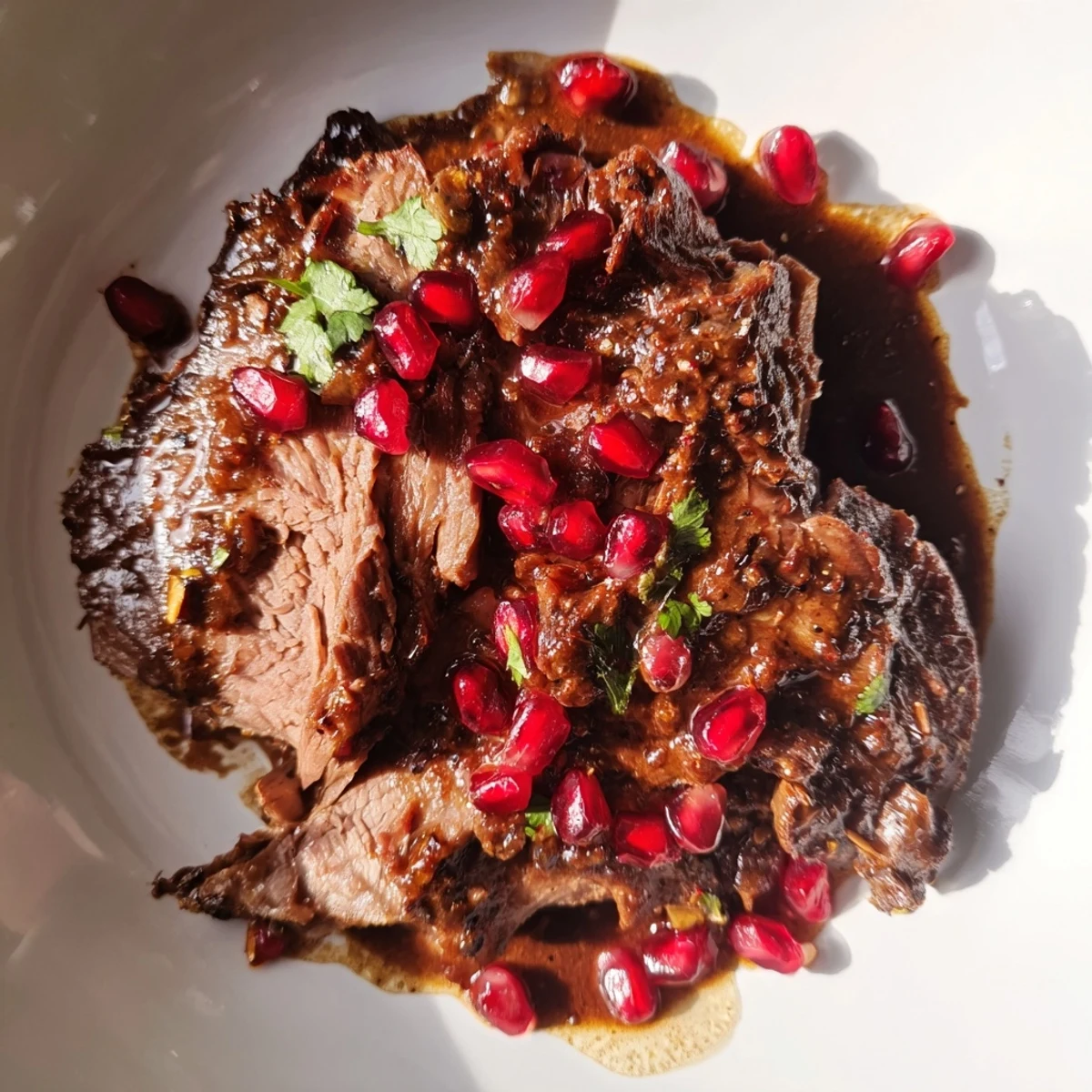 Braised Lamb Shoulder with Pomegranate Molasses glistening in a Dutch oven, garnished with fresh cilantro and ruby pomegranate seeds.