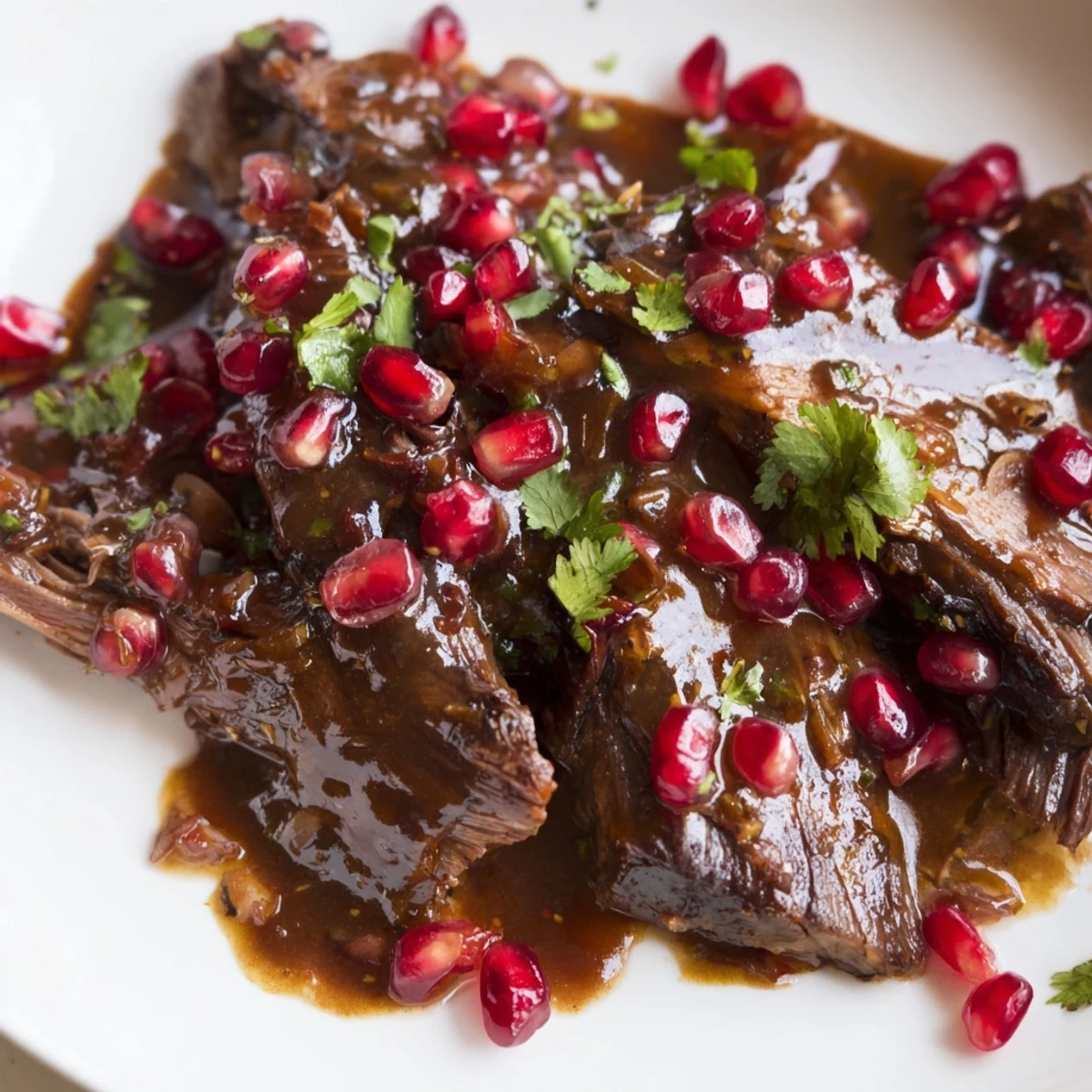Fall-apart tender Braised Lamb Shoulder with Pomegranate Molasses plated with carrots and celery, showcasing deep, aromatic spices and glossy glaze.