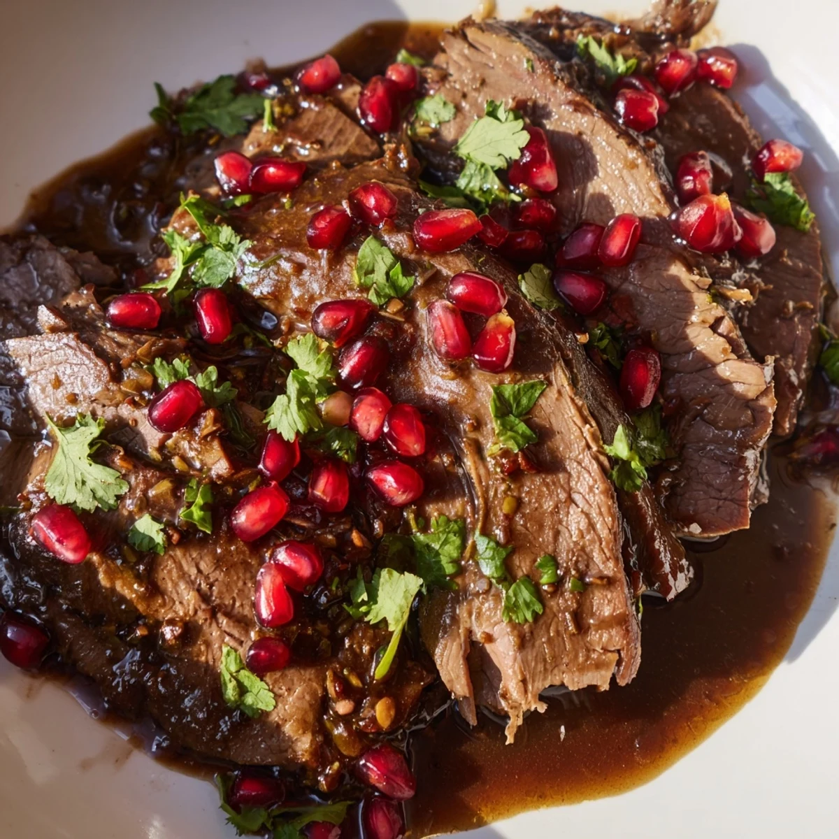 Sliced Braised Lamb Shoulder with Pomegranate Molasses served over fluffy couscous, with herbs and rich sauce pooling at the base.