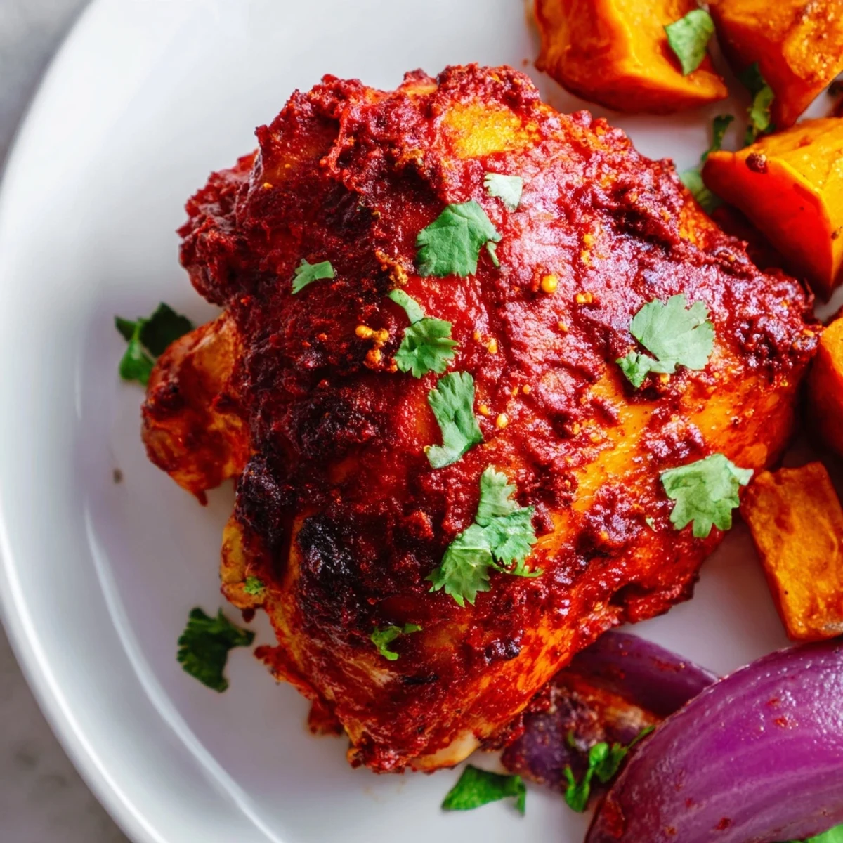 Perfectly roasted Harissa chicken thighs rest beside caramelized sweet potato cubes and red onion wedges on a baking sheet.