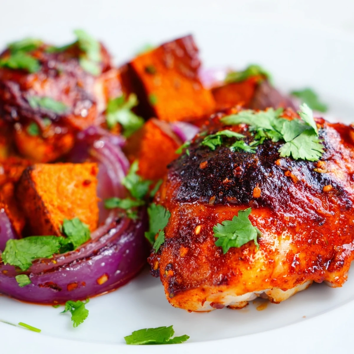 A fresh lemon wedge and chopped cilantro garnish this vibrant, spicy-sweet North African-inspired roasted chicken dinner.