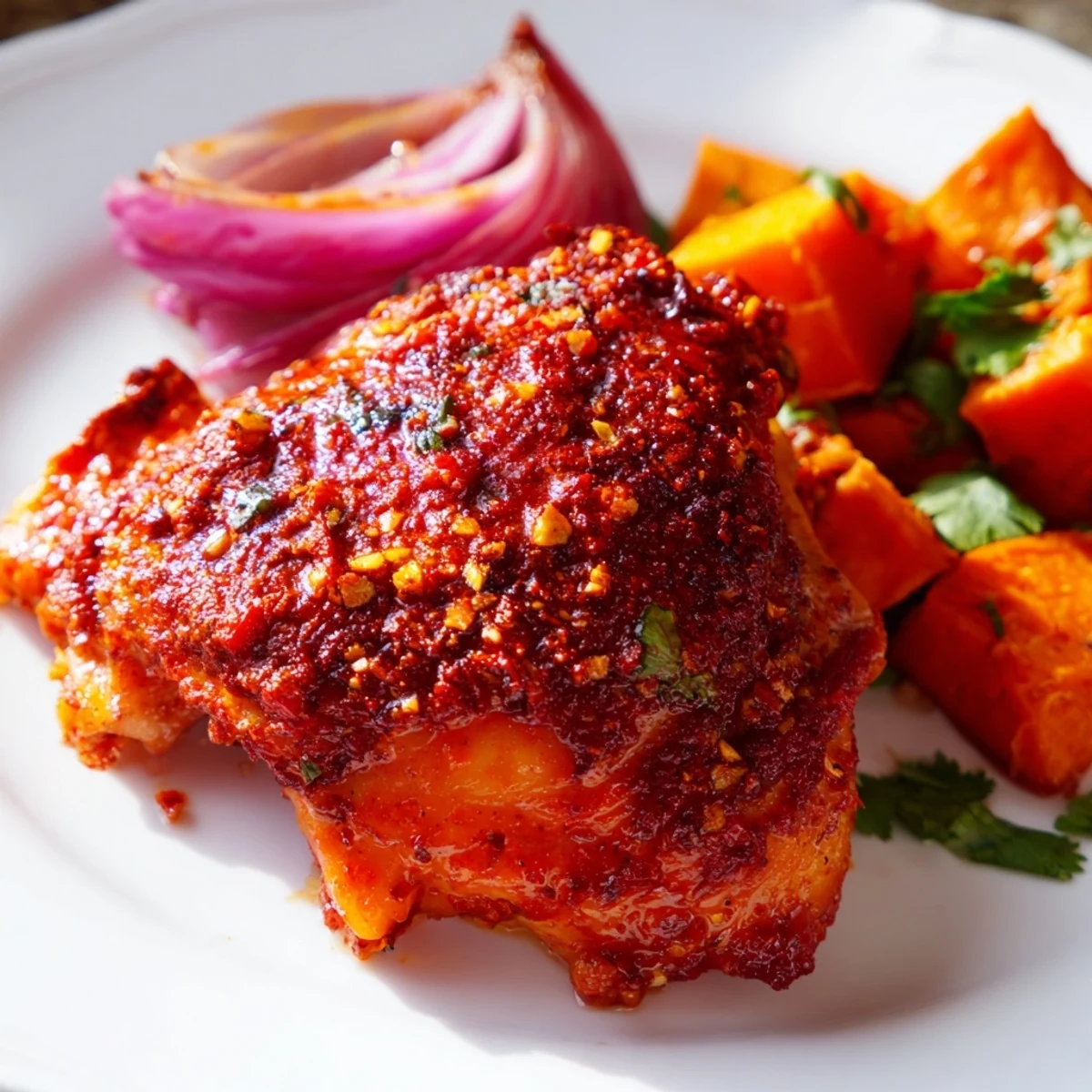 Golden brown chicken thighs glazed with harissa marinade sit next to tender roasted sweet potatoes on a sheet pan.