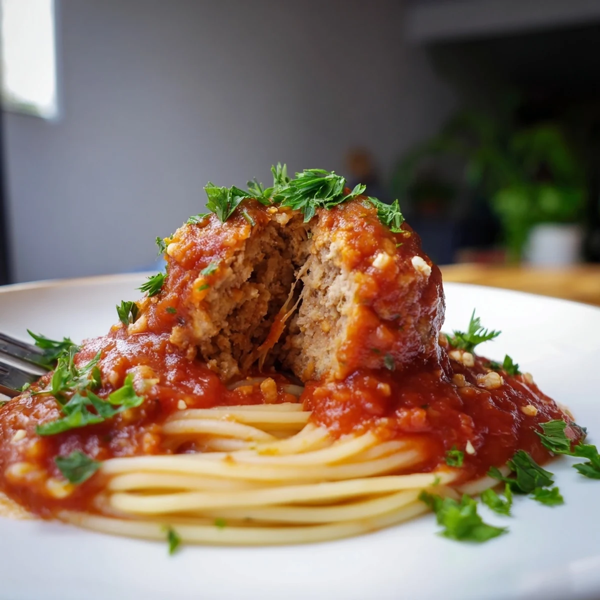 Plated turkey meatballs in homemade marinara with crusty bread for dipping, a comforting Italian-American meal.