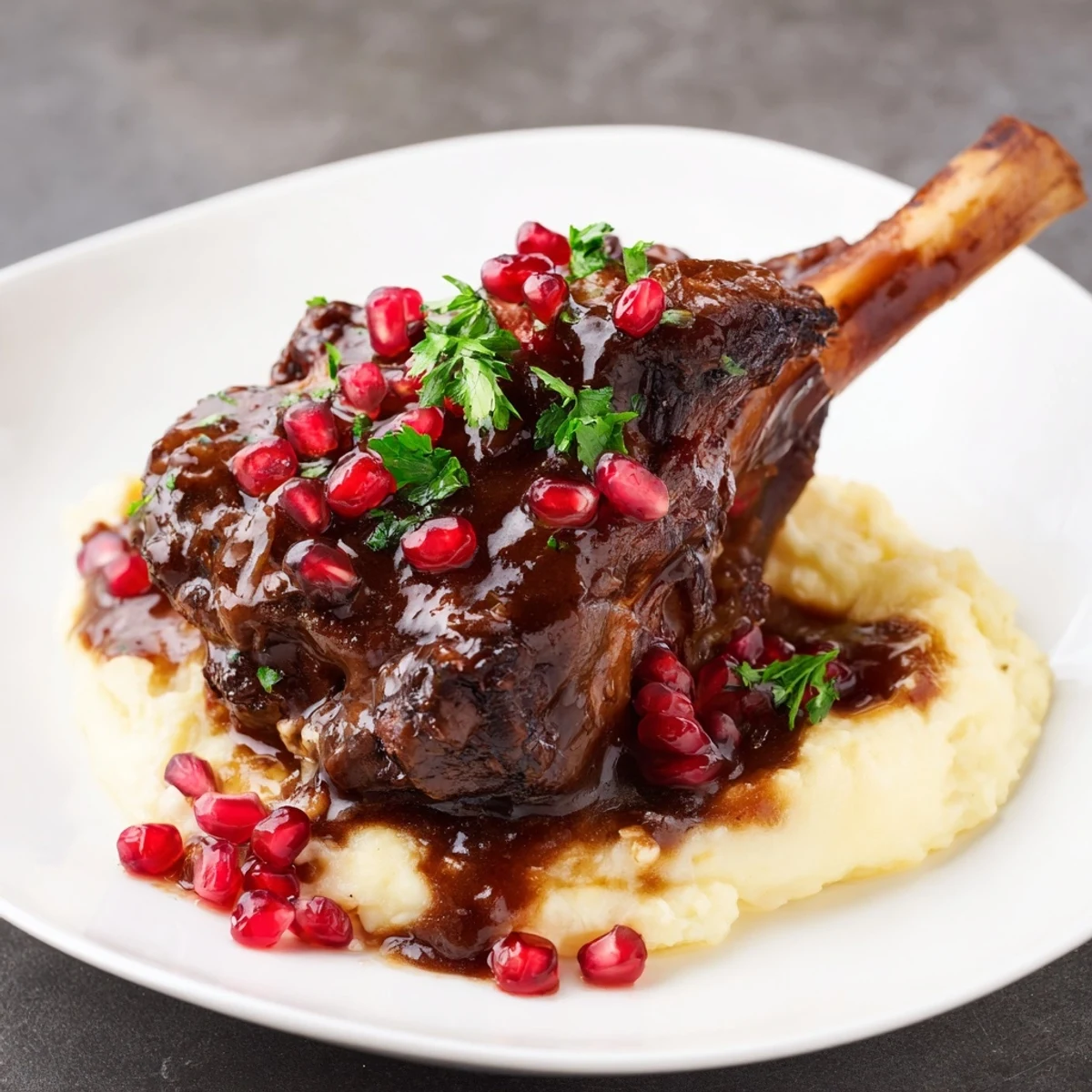 Savory Braised Lamb Shanks with Pomegranate Molasses Glaze glisten on a plate, garnished with fresh parsley and vibrant pomegranate seeds.