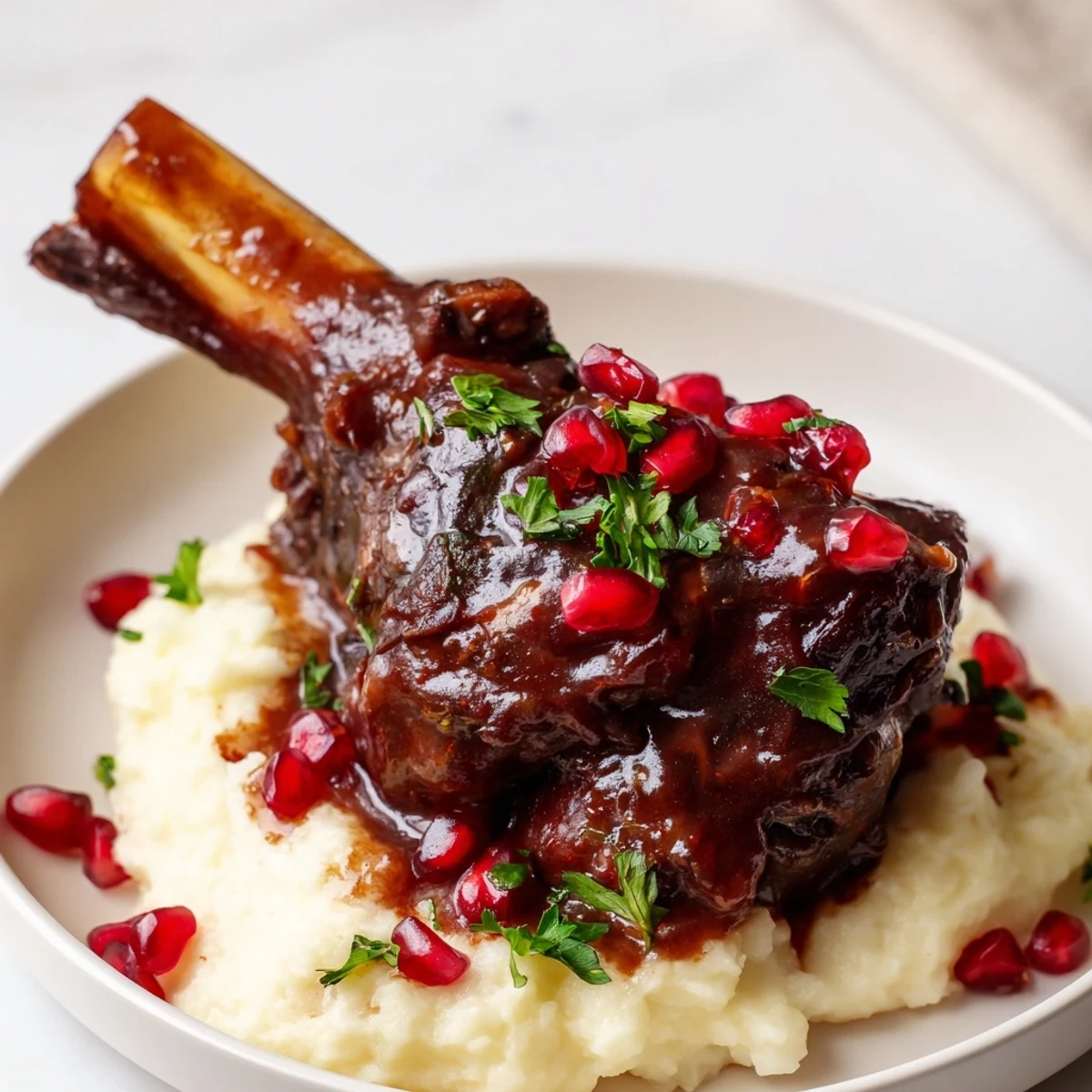 Fall-off-the-bone Braised Lamb Shanks with Pomegranate Molasses Glaze served over fluffy rice, ready for a festive main course.