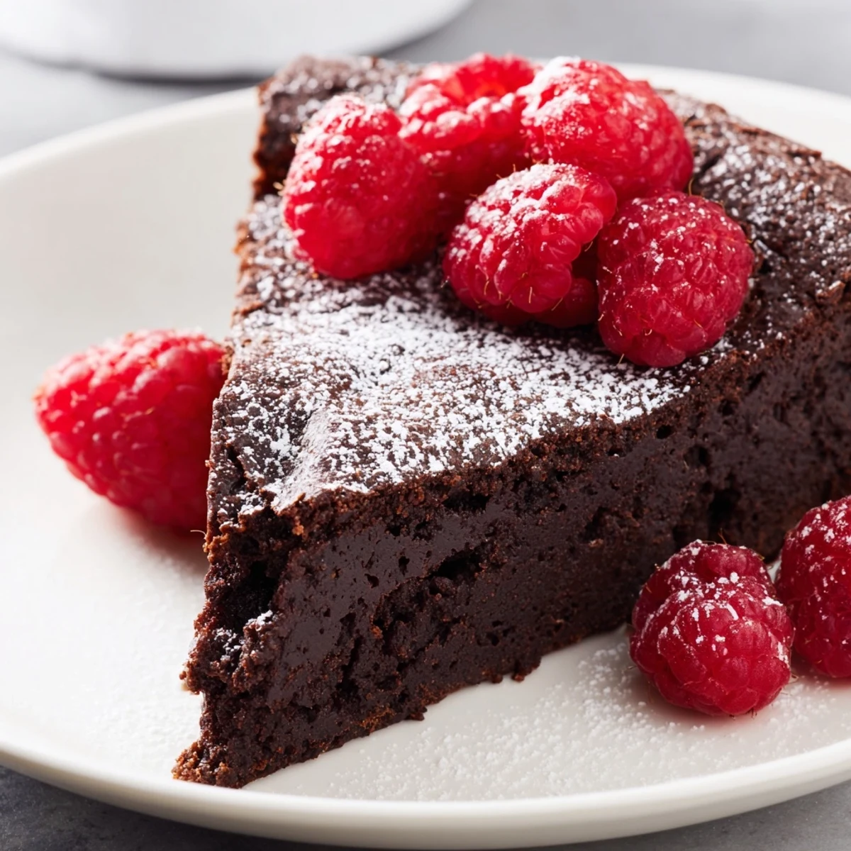 Decadent Flourless Chocolate Cake with Fresh Raspberries on a white ceramic plate, glossy dark chocolate glaze and bright red berries.