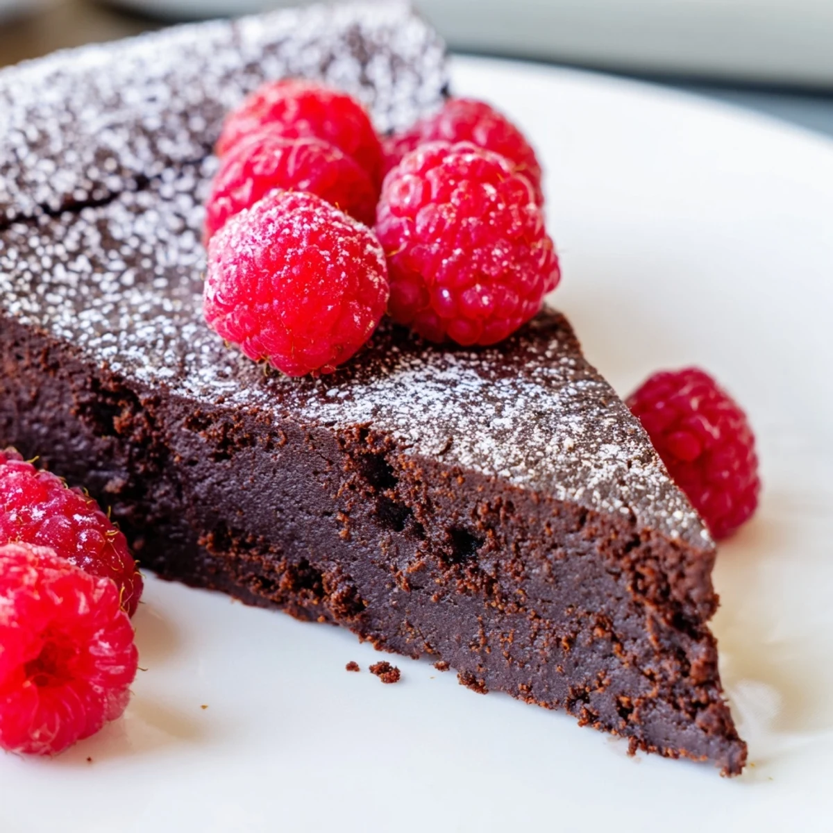 A slice of Decadent Flourless Chocolate Cake with Fresh Raspberries served beside a steaming cup of coffee on a rustic table.