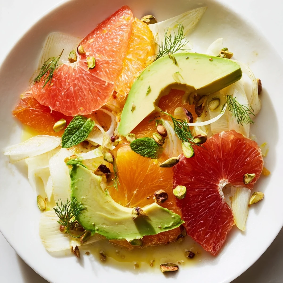 A platter of Winter Citrus Salad topped with mint, pistachios, and a glistening lemon-olive oil dressing.