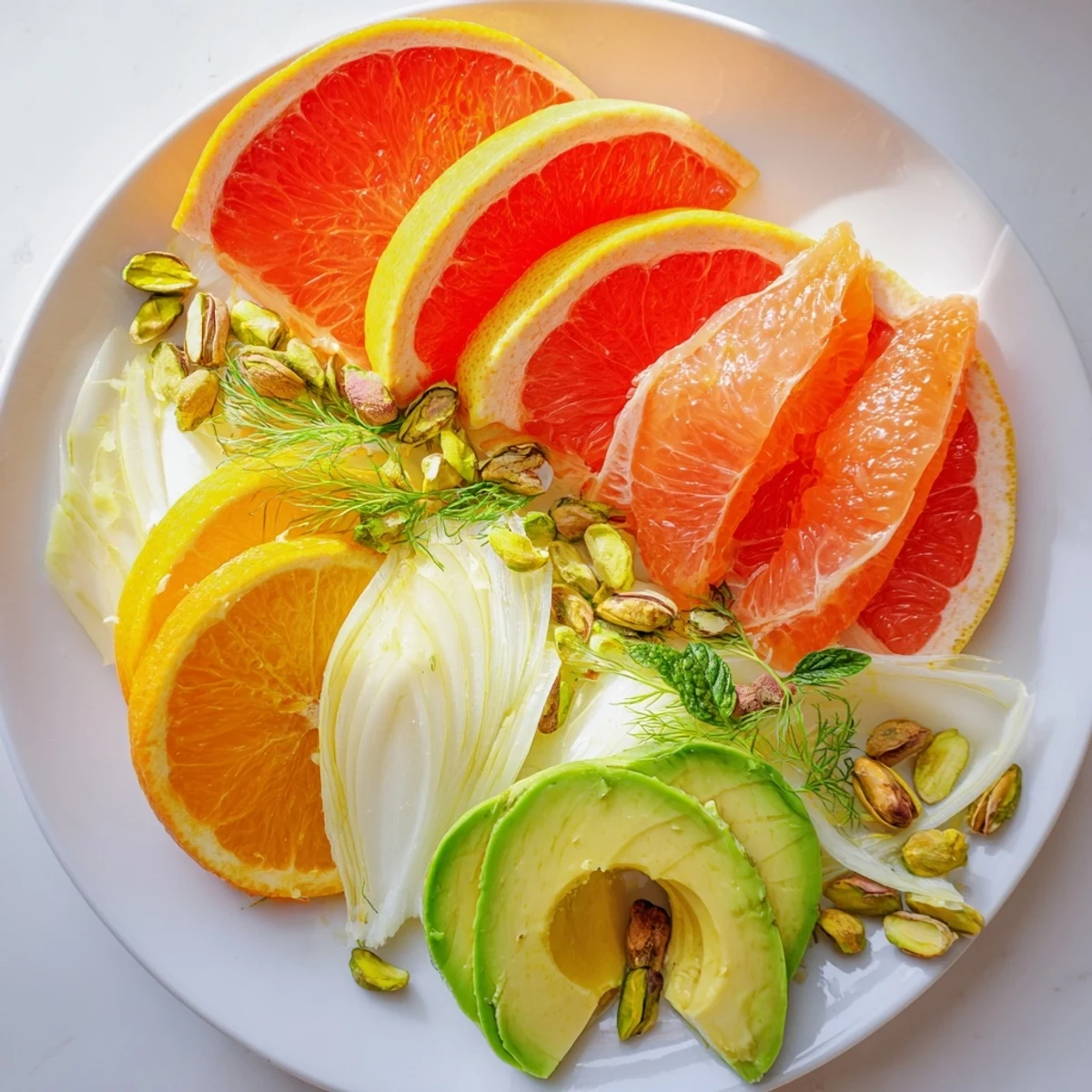 Vibrant Winter Citrus Salad with juicy segments, sliced avocado, and fennel fronds on a rustic plate.